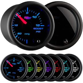 GlowShift Tinted 7 Color 15 PSI Turbo Boost/Vacuum Gauge Kit - Includes Mechanical Hose & T-Fitting - Black Dial - Smoked Lens - for Cars - 2-1/16" 52mm