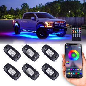 Waterproof RGB LED Rock Lights, 6Pcs Neon Underglow Lighting Kit with APP & Wireless Remote Control, Auto Wheel Exterior Underglow Lights,Under Car Lights for SUV,Truck,AUTO Motorcycle