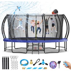 Upgraded 16FT 15FT 14FT 12FT Outdoor Trampoline for Kids and Adults, Large Backyard Pumpkin Trampoline with Sprinkler, Lights, Basketball Hoop, Net, and Storage Bag - Safe & Fun for 4-8 PL in Kuwait