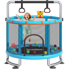 55" Toddler Trampoline for Kids,LILUMUDM Indoor Outdoor Trampoline with Enclosure Net, Adjustable Gymnastics Bars,Basketball Hoop,Mini Baby Trampoline Jumping Mat Birthday Gifts for Children Boy Girl.