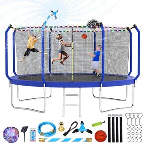 Upgraded 8FT/10FT/12FT/14FT Trampoline, Outdoor Trampoline with Basketball Hoop, Backyard Trampoline with Light, Sprinkler, Stakes, Capacity for 4-6 Kids and Adults