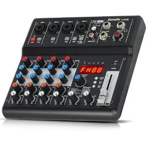 Zenolix 6 Channel Audio Mixer, Sound Board Mixing Console Audio Interface Digital USB Bluetooth Reverb Effect, Input 48V Phantom Power Stereo DJ Sutdio Mixer for PC Recording FX 16-Bit DSP Processor