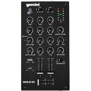 Gemini Sound MXR-01BT Professional Bluetooth 2-Channel DJ Mixer 3-Band EQ and Gain 2 Phono/Line Stereo Channels Crossfader Curve and Reverse Switches Microphone Input Headphone Output Master Outputs