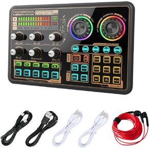 Audio Mixer with Effects, Audio Interface with Voice Changer and LED Lights, External Sound Card for PC Phone Microphone, Audio Mixer for Karaoke, Streaming, Recording, Gaming, PS5, Xbox