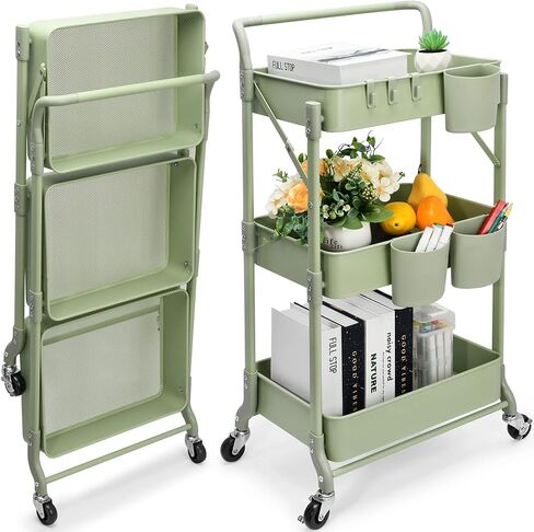 johgee Foldable 3 Tier Metal Utility Rolling Cart, Folding Mobile Multi-Function Storage Trolley Organizer Cart for Home Library Office(Black) in Kuwait