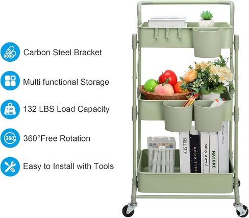 johgee Foldable 3 Tier Metal Utility Rolling Cart, Folding Mobile Multi-Function Storage Trolley Organizer Cart for Home Library Office(Black) in Kuwait
