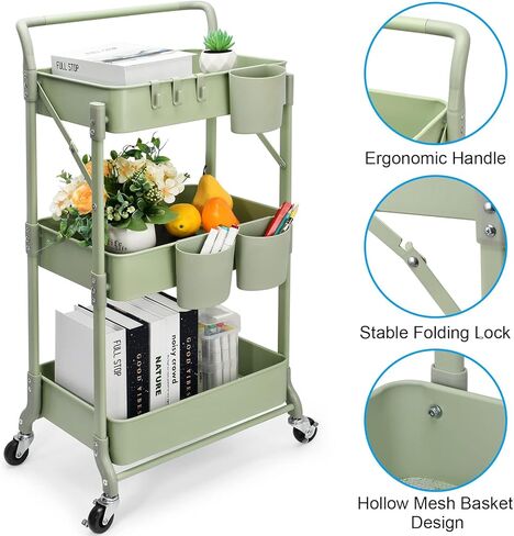 johgee Foldable 3 Tier Metal Utility Rolling Cart, Folding Mobile Multi-Function Storage Trolley Organizer Cart for Home Library Office(Black) in Kuwait