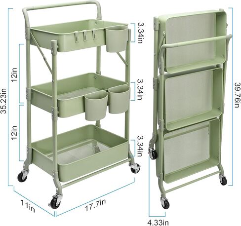 johgee Foldable 3 Tier Metal Utility Rolling Cart, Folding Mobile Multi-Function Storage Trolley Organizer Cart for Home Library Office(Black) in Kuwait