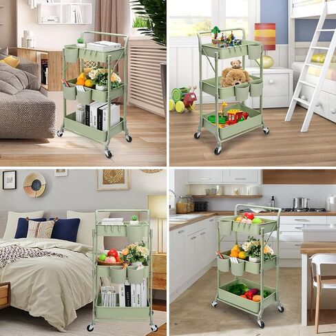 johgee Foldable 3 Tier Metal Utility Rolling Cart, Folding Mobile Multi-Function Storage Trolley Organizer Cart for Home Library Office(Black) in Kuwait