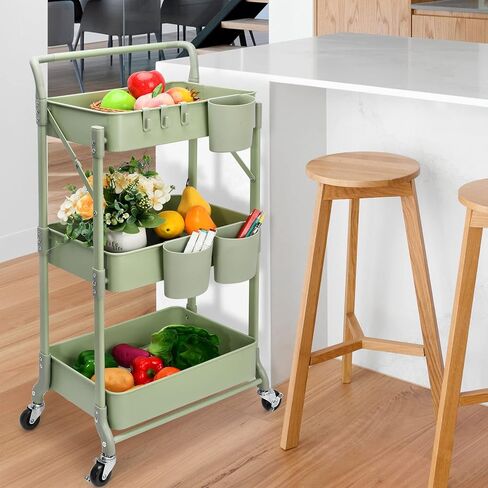 johgee Foldable 3 Tier Metal Utility Rolling Cart, Folding Mobile Multi-Function Storage Trolley Organizer Cart for Home Library Office(Black) in Kuwait