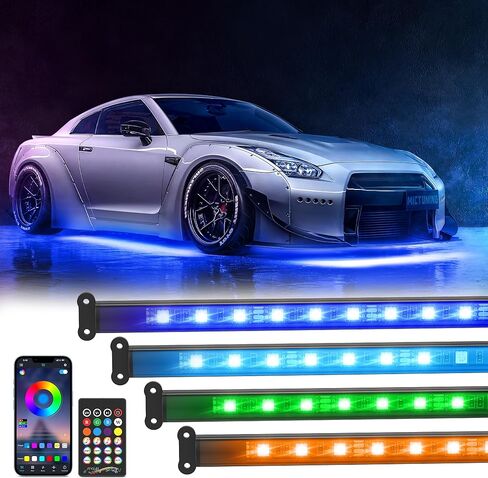 MICTUNING 12V أضواء السيارة Underglow، أضواء النيون لهجة قطاع Undercar توهج ضوء ضوء Underbody، أضواء السيارة الخارجية للماء مع التطبيق التحكم عن بعد اللاسلكية in Saudi Arabia