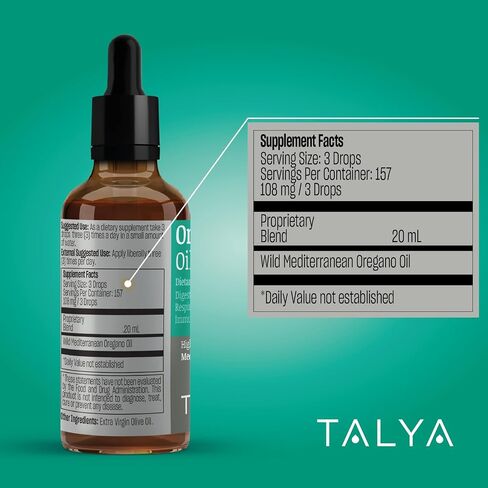 TALYA Oregano Oil 0.67 fl.oz | Oil of Oregano Liquid | Immune Support, High Carvacrol, Digestive Health | Non-GMO | Vegan | Mediterranean Oregano in Saudi Arabia