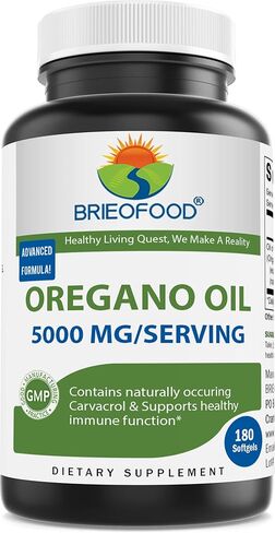 زيت الأوريجانو من Brieofood 5000 ملجم/الجرعة - يحتوي على كارفاكرول الطبيعي - وظيفة المناعة الصحية - 180 كبسولة هلامية in Kuwait