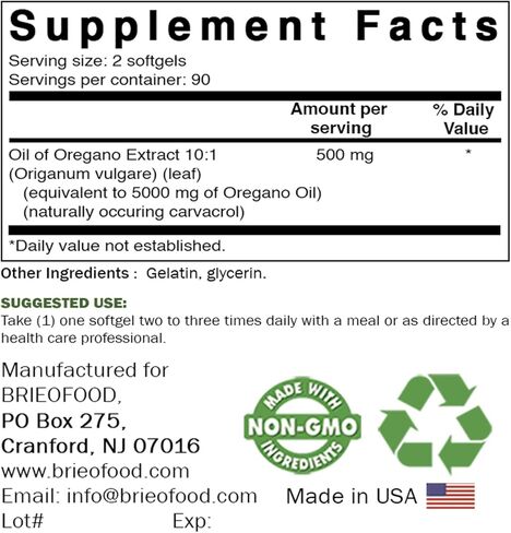 زيت الأوريجانو من Brieofood 5000 ملجم/الجرعة - يحتوي على كارفاكرول الطبيعي - وظيفة المناعة الصحية - 180 كبسولة هلامية in Kuwait