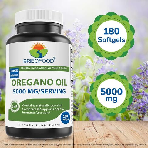 زيت الأوريجانو من Brieofood 5000 ملجم/الجرعة - يحتوي على كارفاكرول الطبيعي - وظيفة المناعة الصحية - 180 كبسولة هلامية in Kuwait