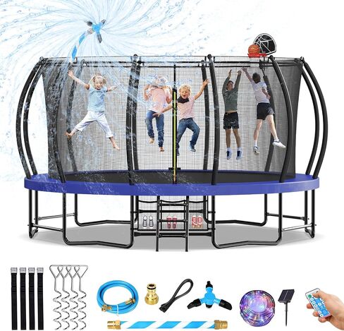 Upgraded 16FT 15FT 14FT 12FT Outdoor Trampoline for Kids and Adults, Large Backyard Pumpkin Trampoline with Sprinkler, Lights, Basketball Hoop, Net, and Storage Bag - Safe & Fun for 4-8 PL in Saudi Arabia