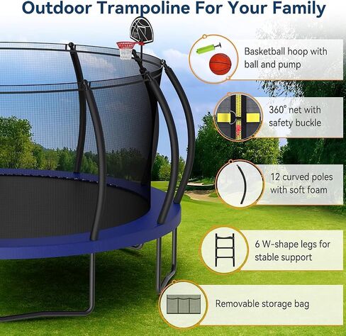 Upgraded 16FT 15FT 14FT 12FT Outdoor Trampoline for Kids and Adults, Large Backyard Pumpkin Trampoline with Sprinkler, Lights, Basketball Hoop, Net, and Storage Bag - Safe & Fun for 4-8 PL in Saudi Arabia