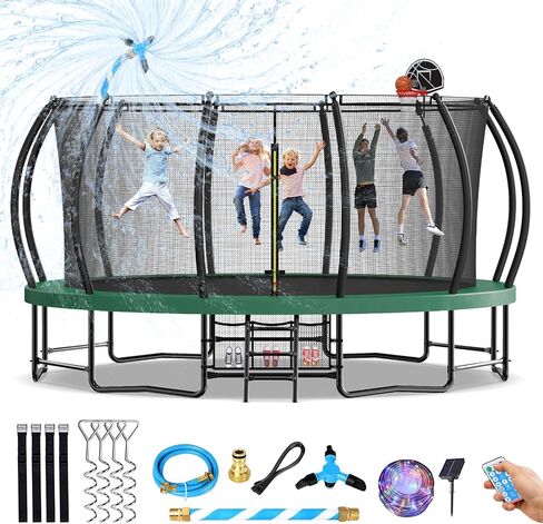 Upgraded 16FT 15FT 14FT 12FT Outdoor Trampoline for Kids and Adults, Large Backyard Pumpkin Trampoline with Sprinkler, Lights, Basketball Hoop, Net, and Storage Bag - Safe & Fun for 4-8 PL in Saudi Arabia