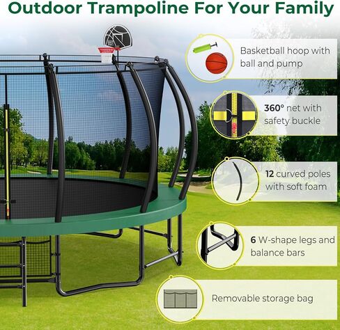 Upgraded 16FT 15FT 14FT 12FT Outdoor Trampoline for Kids and Adults, Large Backyard Pumpkin Trampoline with Sprinkler, Lights, Basketball Hoop, Net, and Storage Bag - Safe & Fun for 4-8 PL in Saudi Arabia