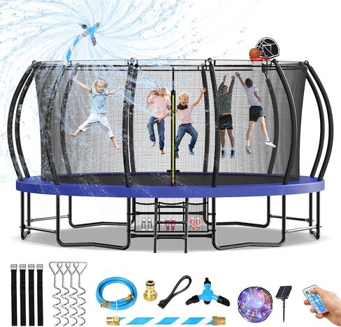 Upgraded 16FT 15FT 14FT 12FT Outdoor Trampoline for Kids and Adults, Large Backyard Pumpkin Trampoline with Sprinkler, Lights, Basketball Hoop, Net, and Storage Bag - Safe & Fun for 4-8 PL in Kuwait