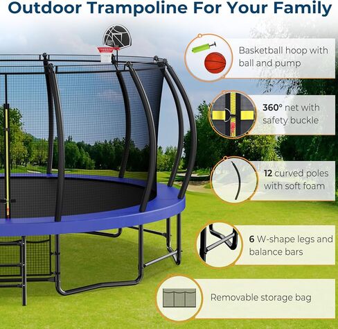 Upgraded 16FT 15FT 14FT 12FT Outdoor Trampoline for Kids and Adults, Large Backyard Pumpkin Trampoline with Sprinkler, Lights, Basketball Hoop, Net, and Storage Bag - Safe & Fun for 4-8 PL in Kuwait