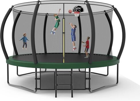 14Ft 12FT Trampoline Set with Swing, Slide, Basketball Hoop and Ladder-Metal for Kids & Adults,Recreational Trampolines for Indoor, Green, 12FT with Swing & Slide (Recreational Trampoline) in Saudi Arabia