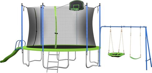 14Ft 12FT Trampoline Set with Swing, Slide, Basketball Hoop and Ladder-Metal for Kids & Adults,Recreational Trampolines for Indoor, Green, 12FT with Swing & Slide (Recreational Trampoline) in Saudi Arabia