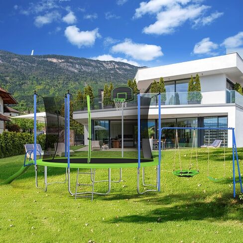 14Ft 12FT Trampoline Set with Swing, Slide, Basketball Hoop and Ladder-Metal for Kids & Adults,Recreational Trampolines for Indoor, Green, 12FT with Swing & Slide (Recreational Trampoline) in Saudi Arabia