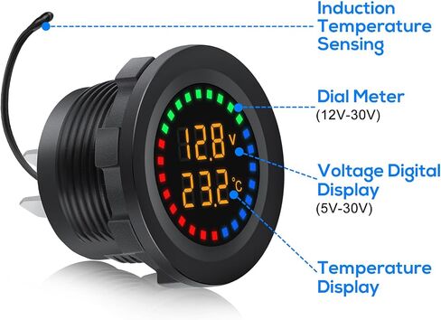 Battery Meter with Temperature Sensor, Waterproof DC 12V/24V Voltmeter LED Digital Display Voltage Gauges, Round Car Voltage Tester Gauge Meter for Marine Car Motorcycle Truck Boat RV in Saudi Arabia