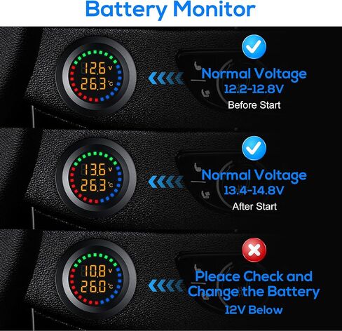 Battery Meter with Temperature Sensor, Waterproof DC 12V/24V Voltmeter LED Digital Display Voltage Gauges, Round Car Voltage Tester Gauge Meter for Marine Car Motorcycle Truck Boat RV in Saudi Arabia
