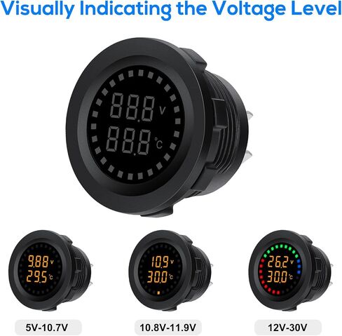 Battery Meter with Temperature Sensor, Waterproof DC 12V/24V Voltmeter LED Digital Display Voltage Gauges, Round Car Voltage Tester Gauge Meter for Marine Car Motorcycle Truck Boat RV in Saudi Arabia
