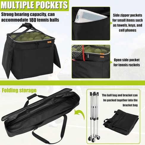 Foldable Tennis Cart Holds 180 Balls Wheeled Tennis Ball Hopper Sports Teaching Carts with Storage Bag, Light Auminum Alloy in Kuwait