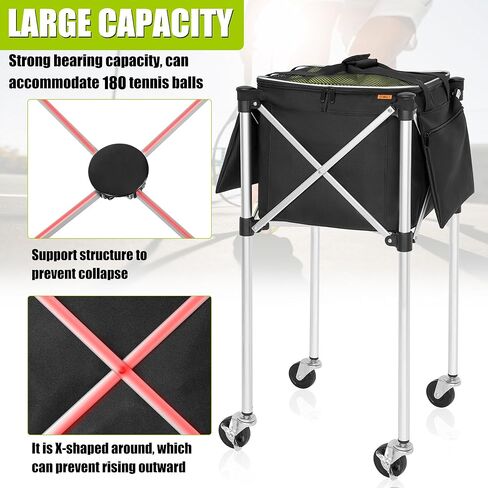 Foldable Tennis Cart Holds 180 Balls Wheeled Tennis Ball Hopper Sports Teaching Carts with Storage Bag, Light Auminum Alloy in Kuwait