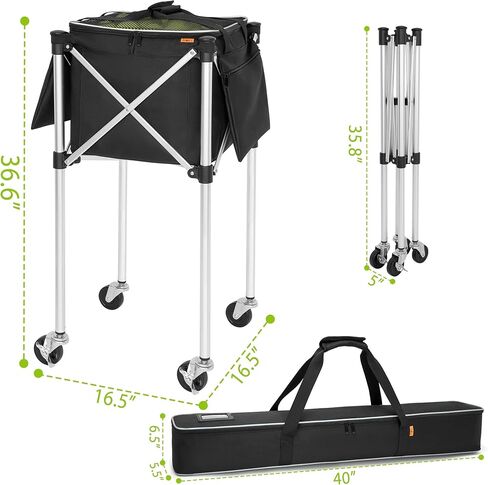 Foldable Tennis Cart Holds 180 Balls Wheeled Tennis Ball Hopper Sports Teaching Carts with Storage Bag, Light Auminum Alloy in Kuwait
