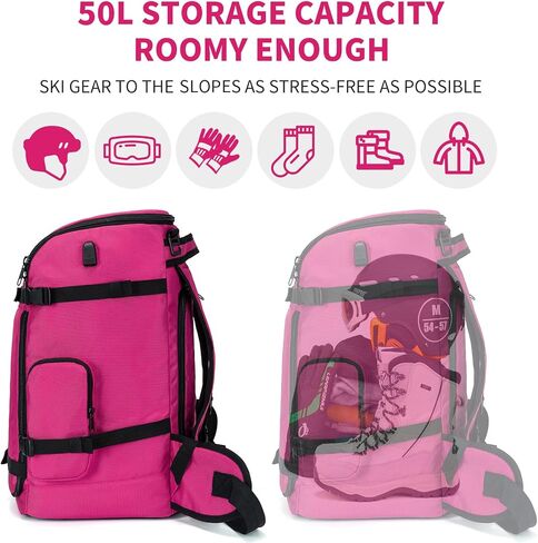 YCD-FLOCW Ski Boot Bag Backpack, 50L Large Capacity Water-Resistant Padded Ski Travel Bag & Snowboard Boot Bag for Ski Boots, Helmet, Goggles, Clothes, Gloves, Snowboard Gear (Pink) in Saudi Arabia