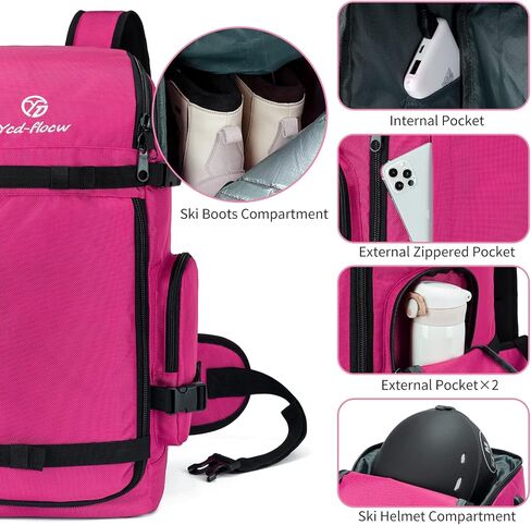 YCD-FLOCW Ski Boot Bag Backpack, 50L Large Capacity Water-Resistant Padded Ski Travel Bag & Snowboard Boot Bag for Ski Boots, Helmet, Goggles, Clothes, Gloves, Snowboard Gear (Pink) in Saudi Arabia