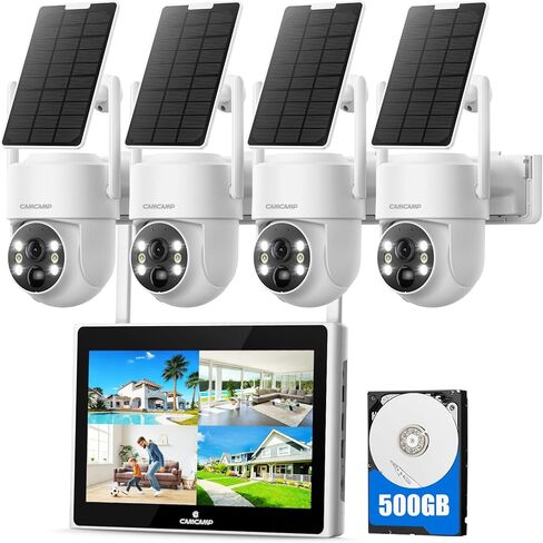 CAMCAMP Wireless Solar Security Camera Outdoor 4 Pack, 2K Solar Home Security Camera System with 10" 10CH NVR Monitor &500GB HDD, 0 Monthly Fee, HDMI Output Color Night Vision Motion Alert 2-Way Talk in Kuwait