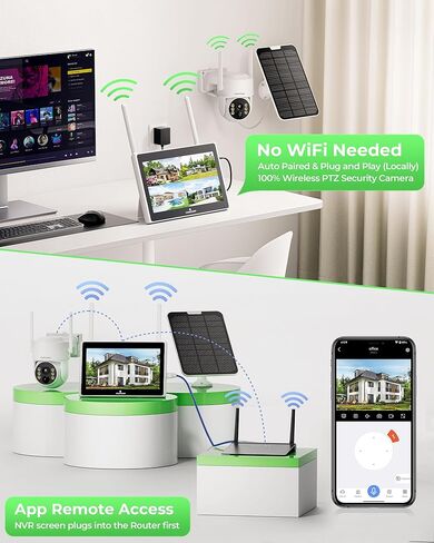 CAMCAMP Wireless Solar Security Camera Outdoor 4 Pack, 2K Solar Home Security Camera System with 10" 10CH NVR Monitor &500GB HDD, 0 Monthly Fee, HDMI Output Color Night Vision Motion Alert 2-Way Talk in Kuwait