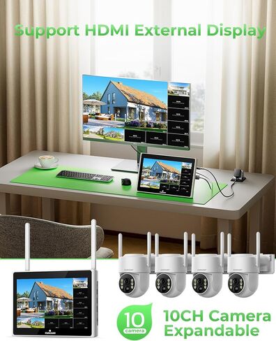 CAMCAMP Wireless Solar Security Camera Outdoor 4 Pack, 2K Solar Home Security Camera System with 10" 10CH NVR Monitor &500GB HDD, 0 Monthly Fee, HDMI Output Color Night Vision Motion Alert 2-Way Talk in Kuwait