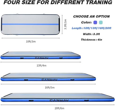 CANWAY Air Tumble Track Inflatable Gymnastics Mat, 10ft/13ft/16ft/20ft Gymnastics Training Mat with Electric Air Pump for Home/Outdoor/Gym/Cheerleading/Yoga in Kuwait
