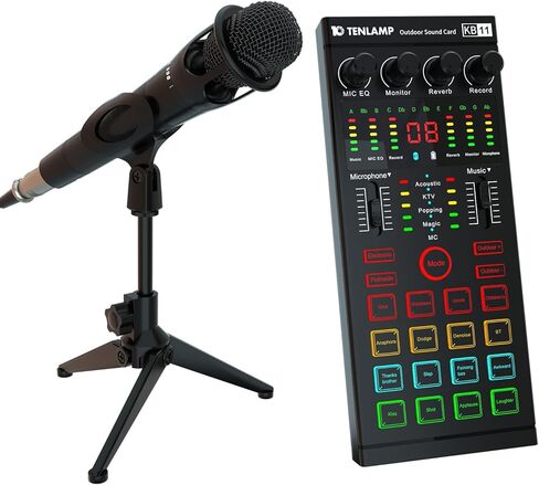 Podcast Equipment Bundle, All-in-One Audio Interface DJ Mixer with E300S Microphone, Mic Stand, Monitor Earphone, Voice Changer,With KB11 Sound card for PC/Laptop/Phone, Streaming/Podcasting/Recording in Kuwait