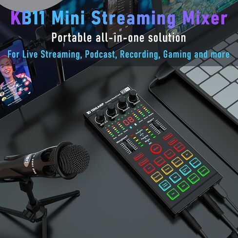 Podcast Equipment Bundle, All-in-One Audio Interface DJ Mixer with E300S Microphone, Mic Stand, Monitor Earphone, Voice Changer,With KB11 Sound card for PC/Laptop/Phone, Streaming/Podcasting/Recording in Kuwait