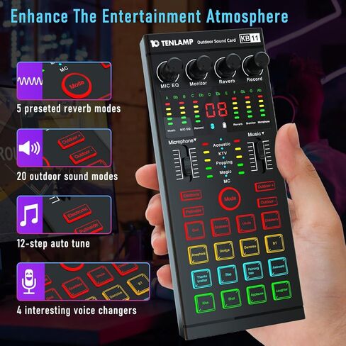 Podcast Equipment Bundle, All-in-One Audio Interface DJ Mixer with E300S Microphone, Mic Stand, Monitor Earphone, Voice Changer,With KB11 Sound card for PC/Laptop/Phone, Streaming/Podcasting/Recording in Kuwait