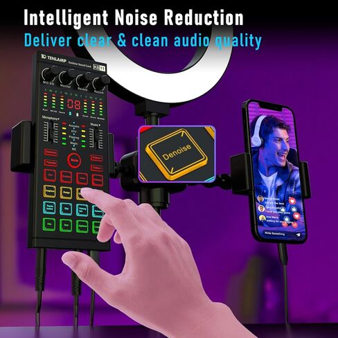 Podcast Equipment Bundle, All-in-One Audio Interface DJ Mixer with E300S Microphone, Mic Stand, Monitor Earphone, Voice Changer,With KB11 Sound card for PC/Laptop/Phone, Streaming/Podcasting/Recording in Kuwait