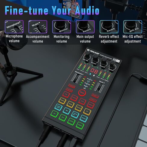 Podcast Equipment Bundle, All-in-One Audio Interface DJ Mixer with E300S Microphone, Mic Stand, Monitor Earphone, Voice Changer,With KB11 Sound card for PC/Laptop/Phone, Streaming/Podcasting/Recording in Kuwait