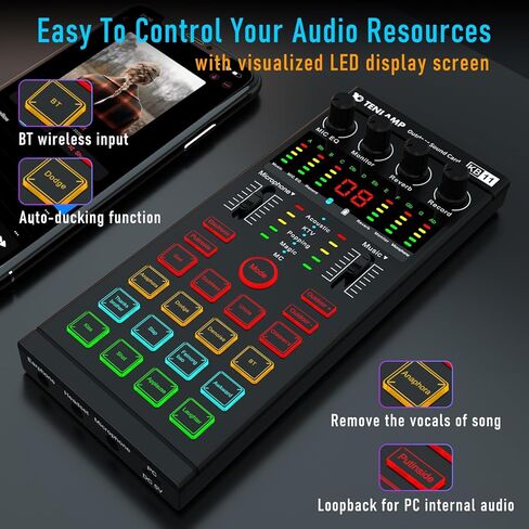 Podcast Equipment Bundle, All-in-One Audio Interface DJ Mixer with E300S Microphone, Mic Stand, Monitor Earphone, Voice Changer,With KB11 Sound card for PC/Laptop/Phone, Streaming/Podcasting/Recording in Kuwait