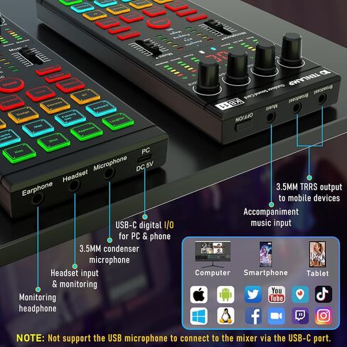 Podcast Equipment Bundle, All-in-One Audio Interface DJ Mixer with E300S Microphone, Mic Stand, Monitor Earphone, Voice Changer,With KB11 Sound card for PC/Laptop/Phone, Streaming/Podcasting/Recording in Kuwait