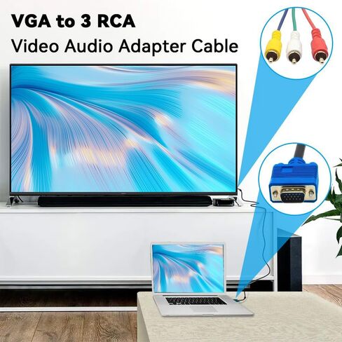 كابل VGA إلى RCA، محول كابل VGA ذكر 15 دبوس إلى 3 RCA Audio AV لمحول كابل عرض HDTV PC DVD - 5 أقدام/1.5 متر in Kuwait