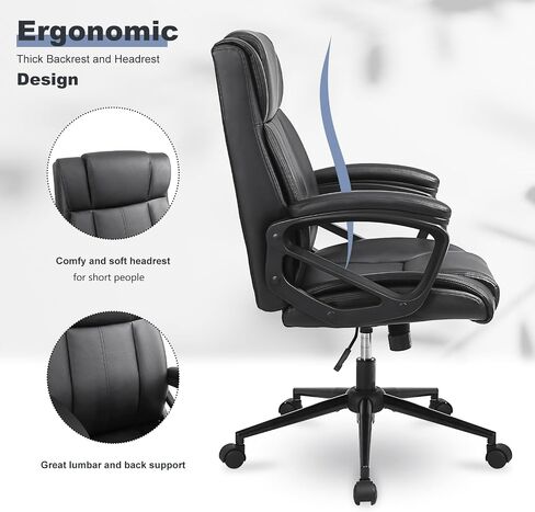 Executive Office Chair, Ergonomic Home Office Desk Chair with Wheels, Thicken Armrest and Lumbar Support, Upholstered Leather Mid-Back Computer Gaming Chair with Tilt Function, Black in Saudi Arabia
