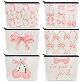 6 Pcs Cute Makeup Bag Bow Makeup Bag Set Bow Stuff Cute Small Mini Makeup Bag, Portable Travel Makeup Bags,Pink Bow Makeup Bag Cosmetic Bag for Women Aesthetic Stuff Travel Storage Gifts, 7 x 10''